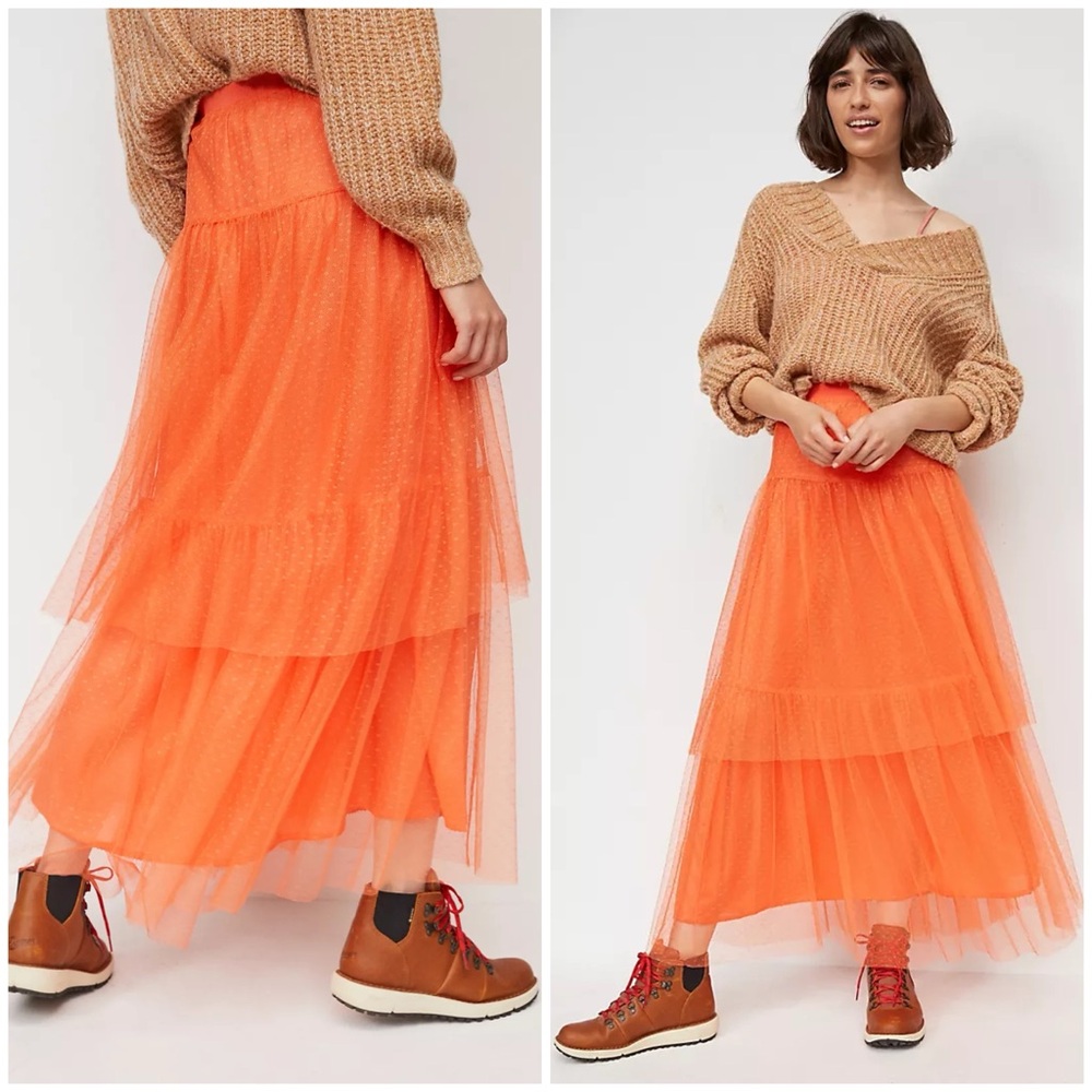 by Anthropologie Evelyn Tulle Midi Skirt in Orange Size S